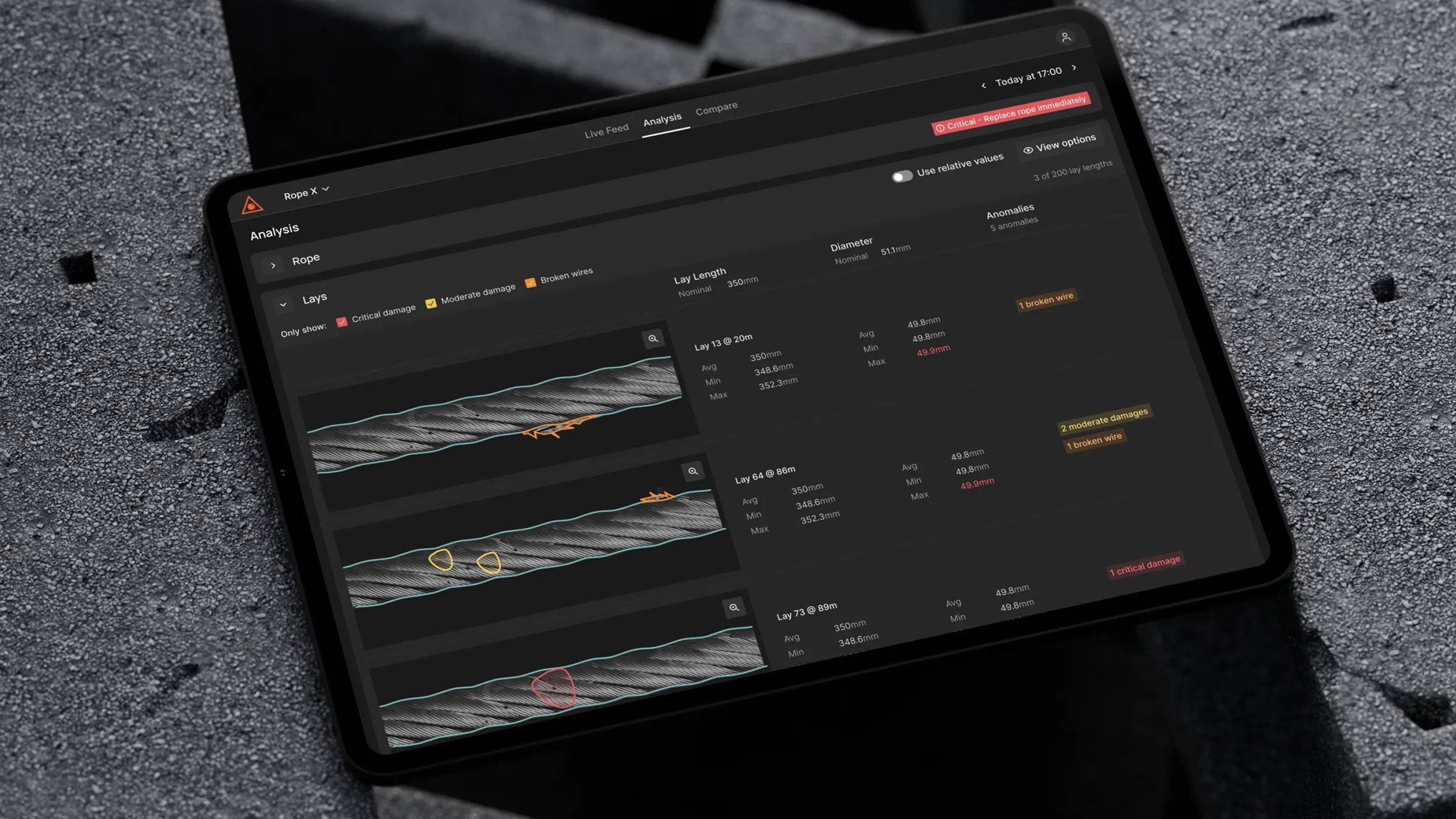 An image of an iPad Pro showing an interface used to analyse steel wire ropes. The interface shows several problems across different lays, including 2 broken wires, 2 moderate damages and 1 critical damage. The interface has a clear red warning that the rope should be replaced immediately.