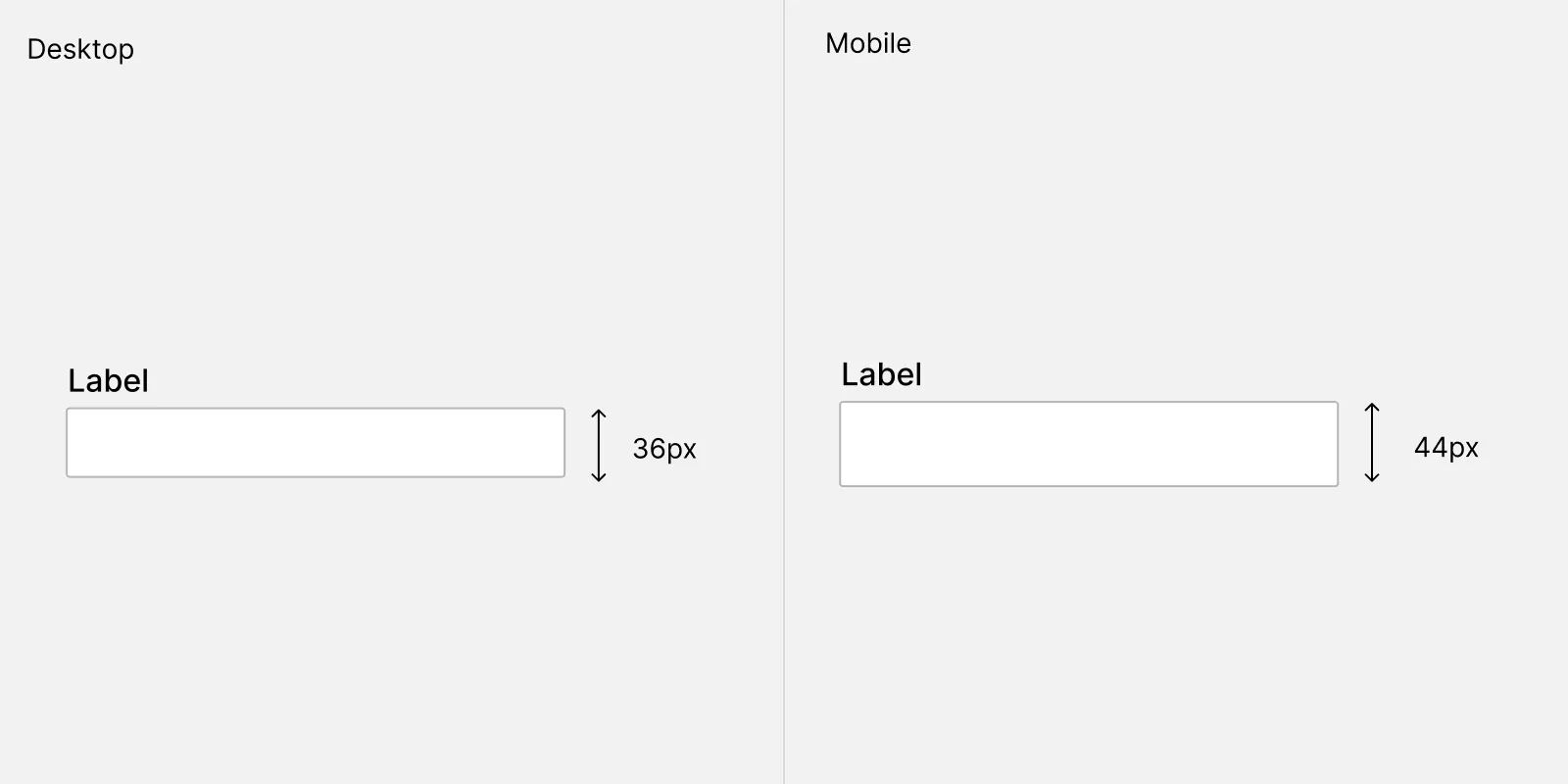 An illustration that shows highly tappable areas for desktop and mobile with:
- An example of a label and input for desktop sized at 36px in height
- An example of a mobile field where the field is sized 44px in height