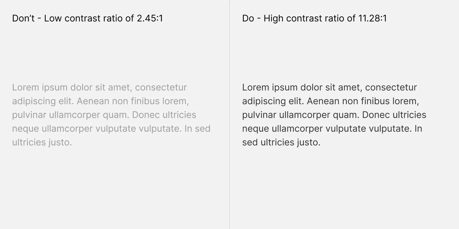 A do or don't illustration visually showing an example of low text contrast on the left side and high text contrast on the right side