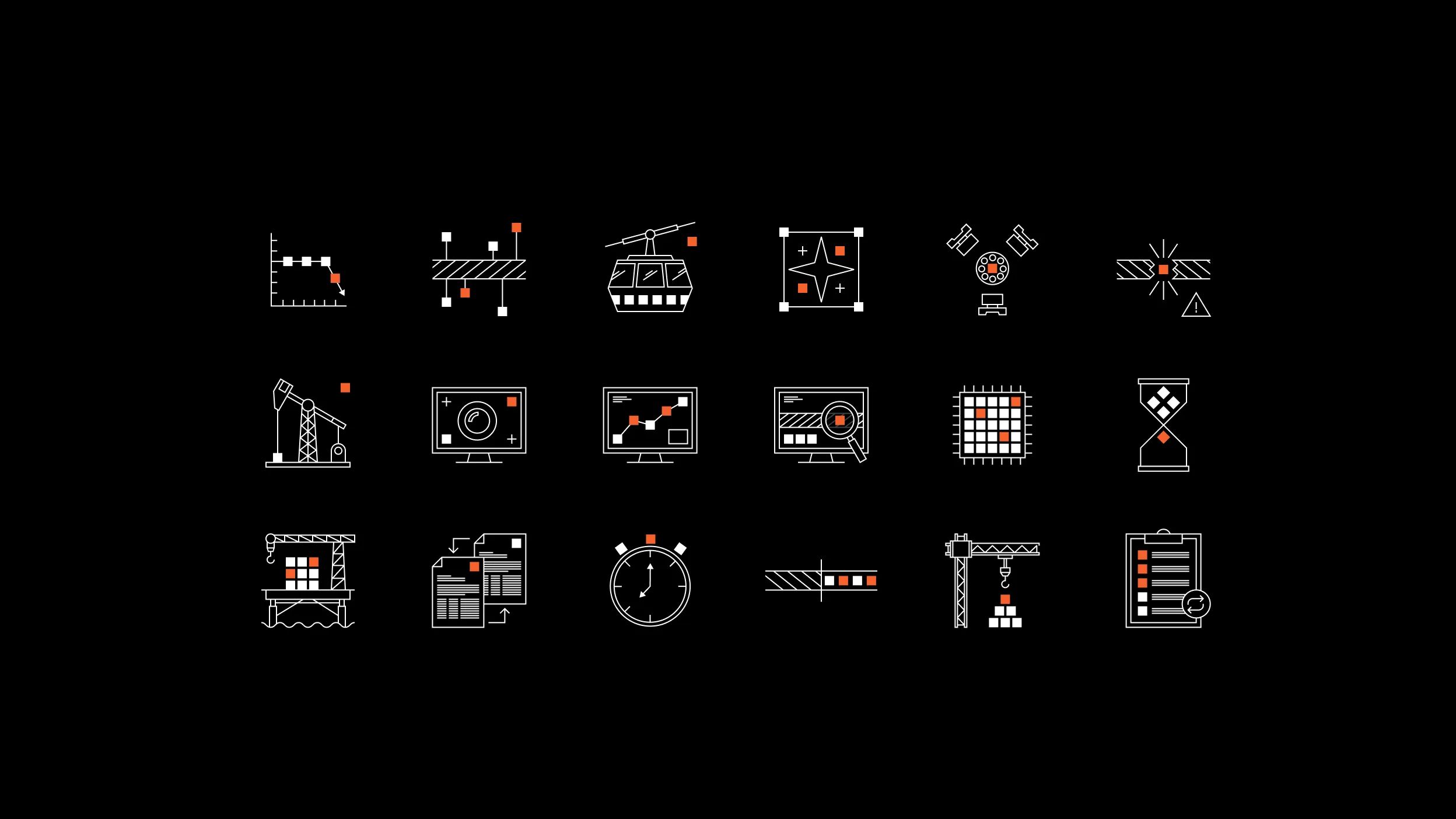 A grid of 6 columns by 3 rows, that show custom icons made for Raidyn. The icons show off different industrial concepts related to monitoring, steel wire ropes, broken wires and many more concepts.
