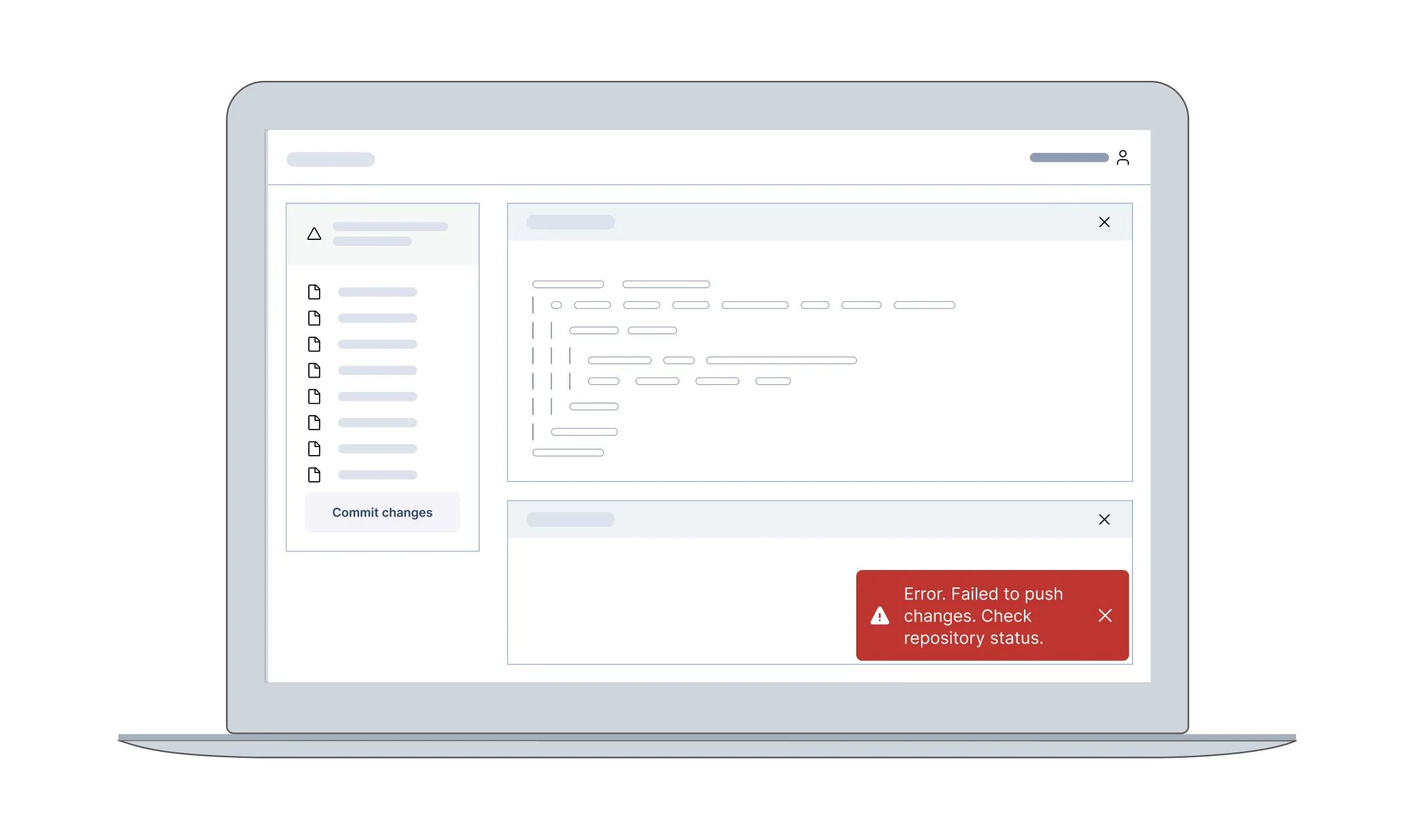 A traditional toast UI element in an error state, shown on a laptop, in a bottom right (fixed) position