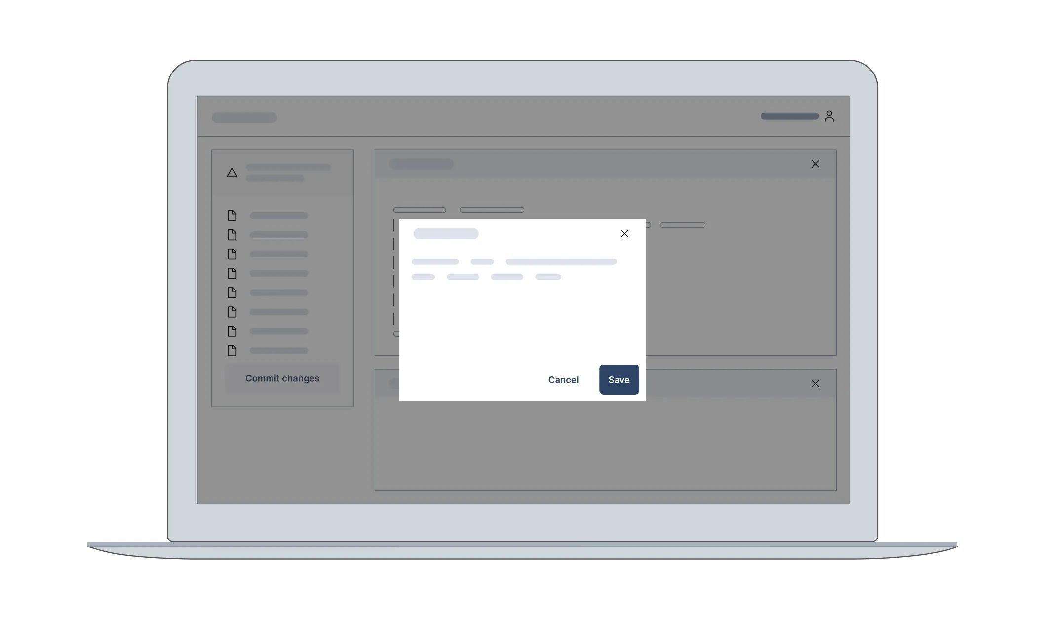 A depiction of a centered dialog on top of a coding user interface. The illustration shows a laptop around the user interface.