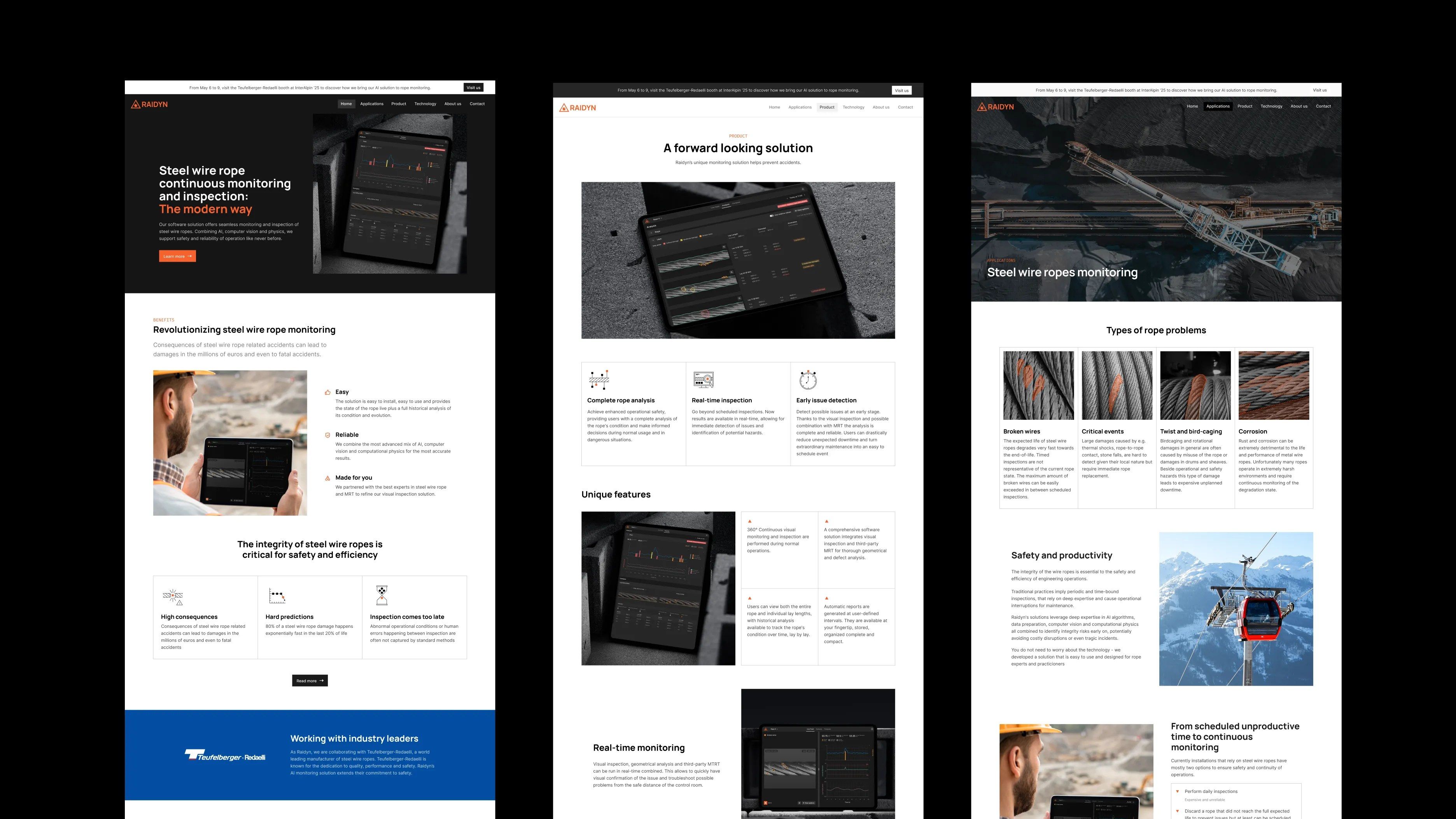 Shows 3 pages of a custom website design: a homepage, a solutions page and applications page.