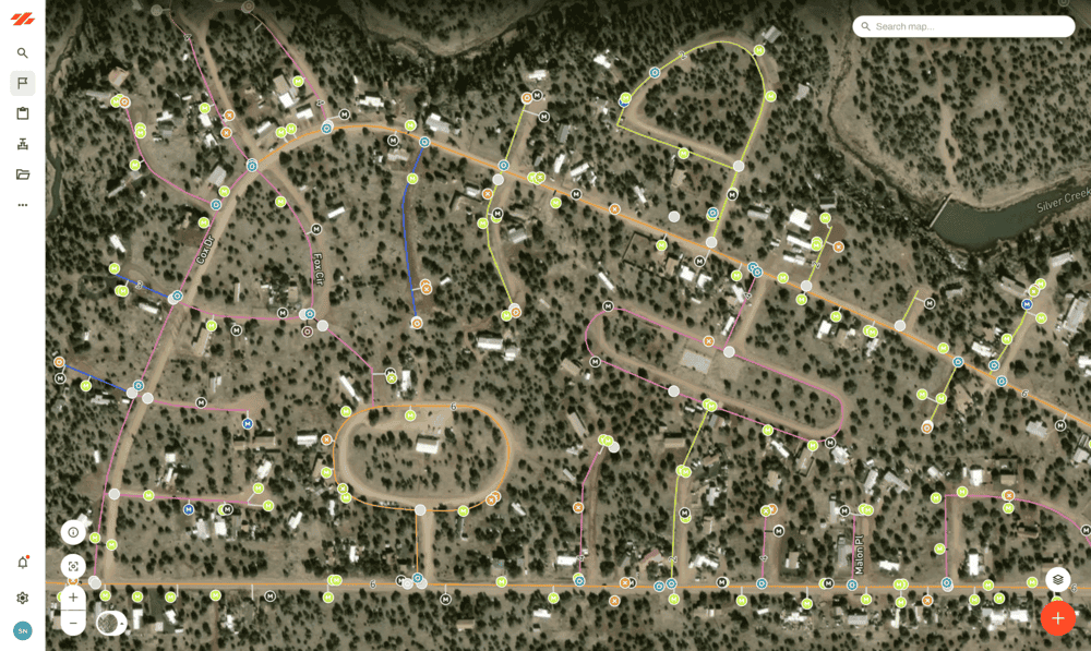 Ziptility web app showing a utility's water network on a satellite map
